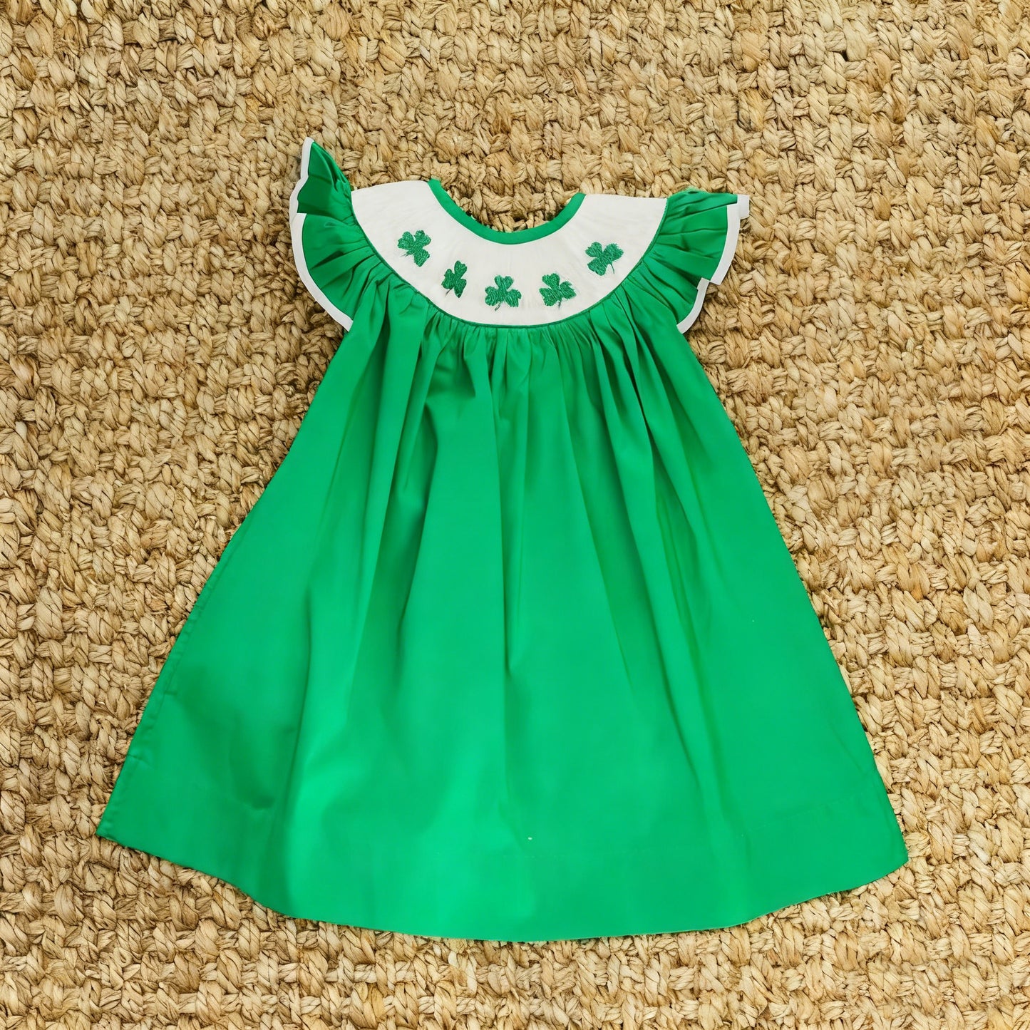 Baby Girls Green Flutter Sleeve Clovers St Patrick Knee Length Dresses Preorder
