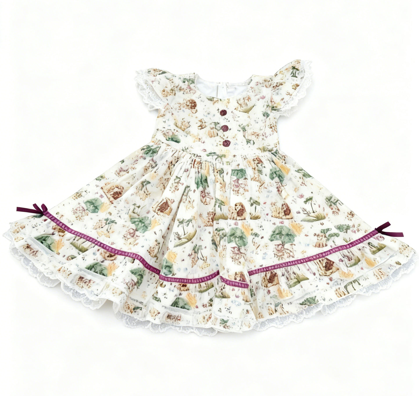 Baby Girls Cartoon Lions Animals Flutter Sleeve Button Ruffle Knee Length Dresses Preorder