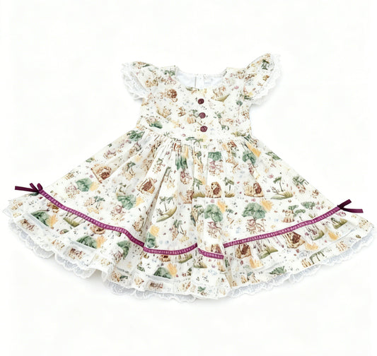 Baby Girls Cartoon Lions Animals Flutter Sleeve Button Ruffle Knee Length Dresses Preorder