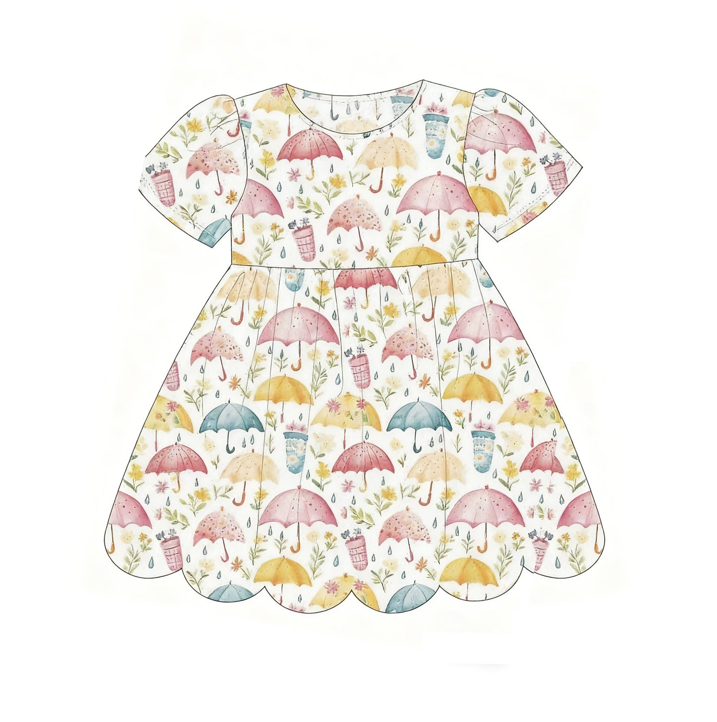 Baby Girls Short Sleeve Flowers Umbrella Ruffle Knee Length Dresses Preorder