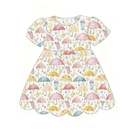 Baby Girls Short Sleeve Flowers Umbrella Ruffle Knee Length Dresses Preorder