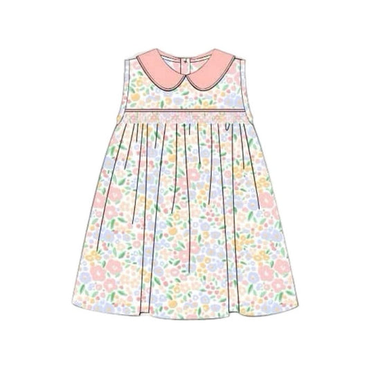 Baby Girls Sleeveless Pink Collar Floral Knee Length Dresses Preorder