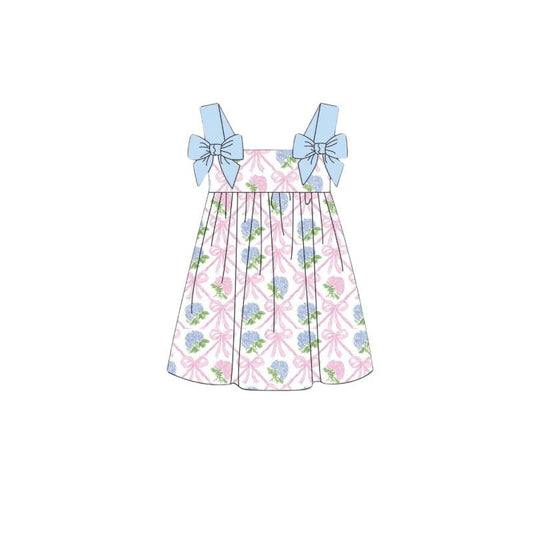 Baby Girls Blue Strap Flowers Bows Checked Knee Length Dresses Preorder