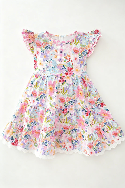 Baby Girls Colorful Floral Button Ruffle Knee Length Dresses Preorder