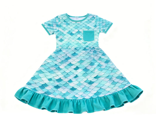 Baby Girls Blue Short Sleeve Mermaid Pocket Ruffle Knee Length Dresses Preorder