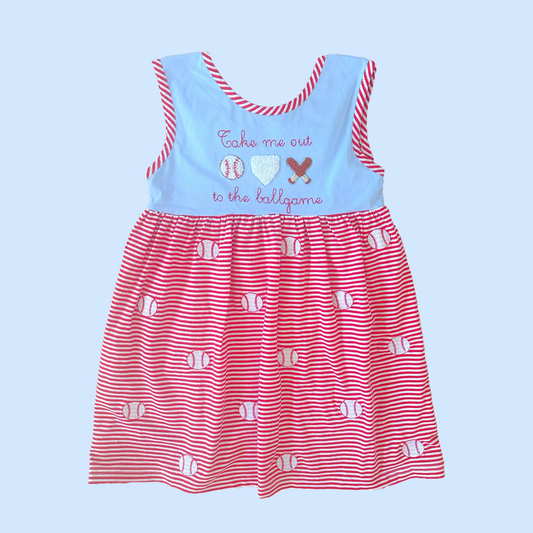 Baby Girls Red Stripe Baseballs Team Knee Length Dresses Preorder