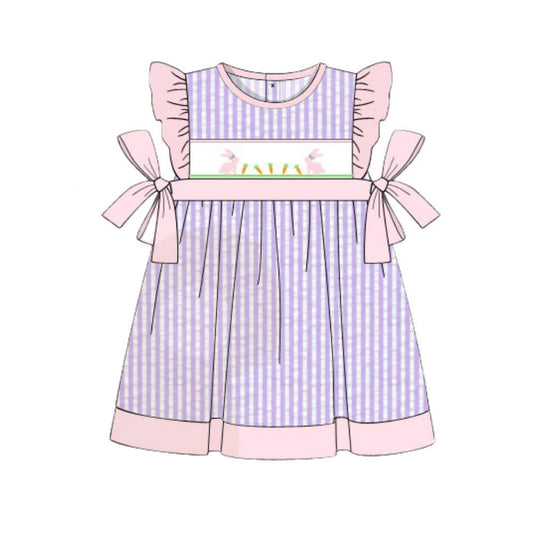 Baby Girls Lavender Stripe Rabbit Carrots Bows Knee Length Dresses Preorder