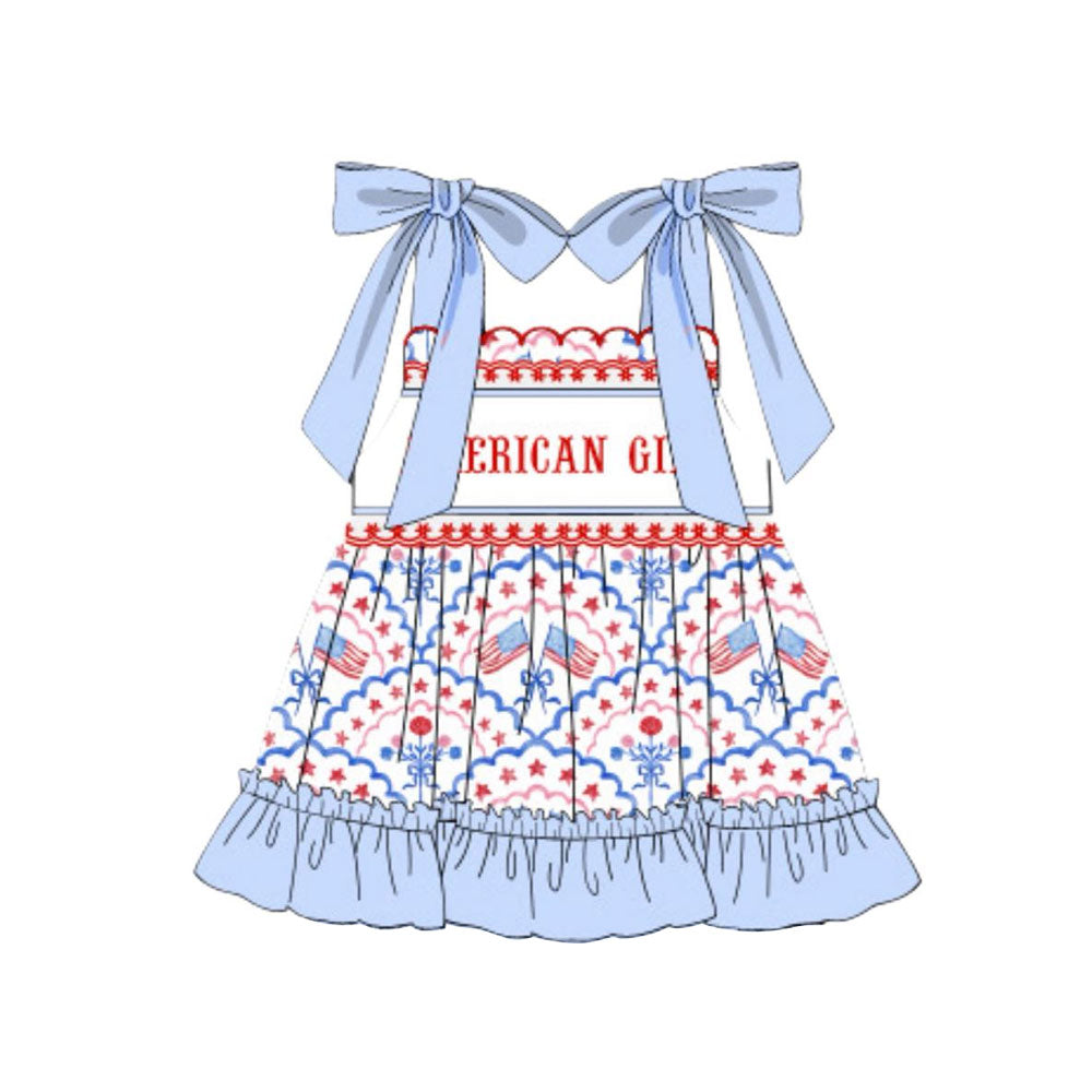 Baby Girls Strap American Girls Flags 4th of July Ruffle Knee Length Dresses Preorder