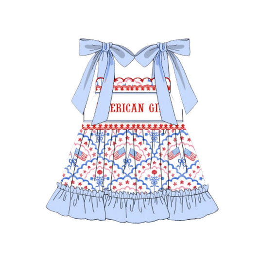 Baby Girls Strap American Girls Flags 4th of July Ruffle Knee Length Dresses Preorder