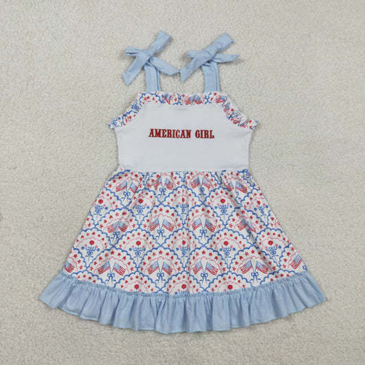 Sibling Baby Girls Embroidery Bows Flags Checked 4th of July Knee Length Dresses