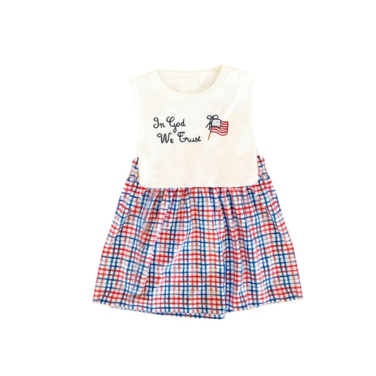 Baby Girls Red Blue Checked Flags 4th of July Knee Length Dresses Preorder