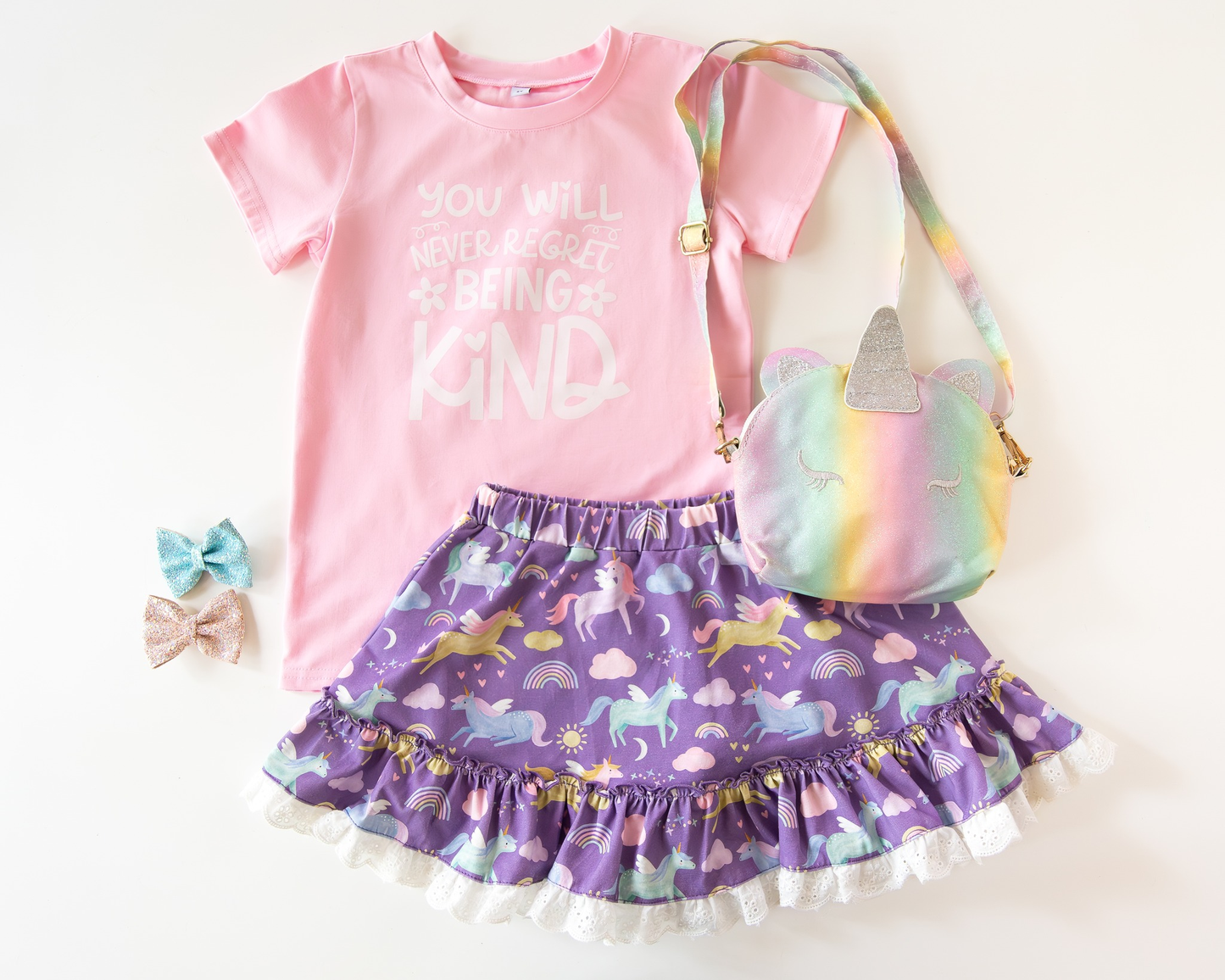 Baby Girls Being Kind Top Cartoon Horses Ruffle Skirt Shorts Clothes Sets Preorder