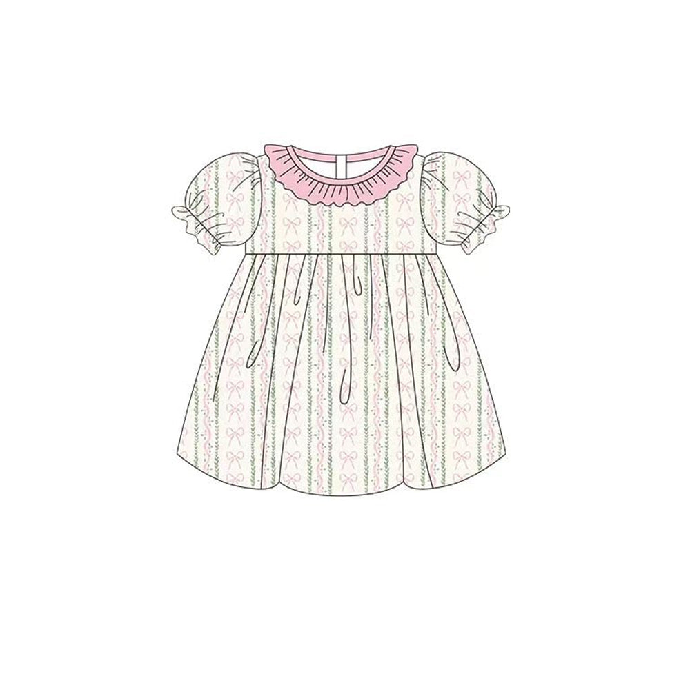 Baby Girls Pink Bows Flowers Stripe Ruffle Collar Knee Length Dresses Preorder