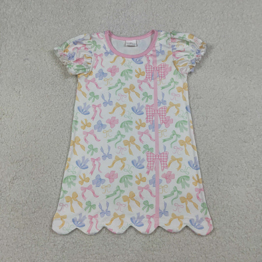 Baby Girls Colorful Bows Button Scallop Knee Length Dresses
