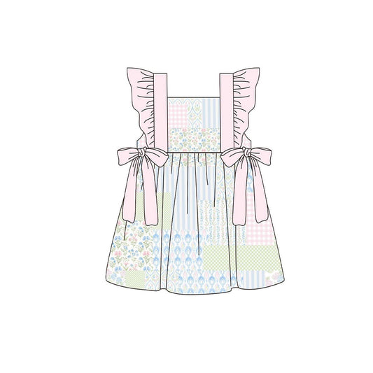 Baby Girls Pink Flowers Checked Bows Knee Length Dresses Preorder