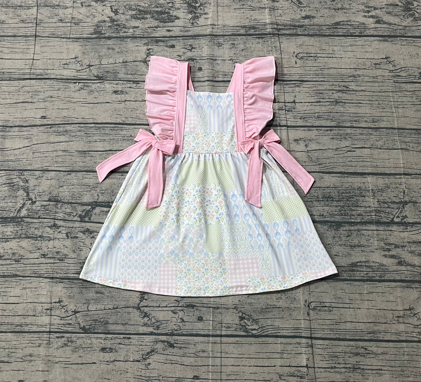 Baby Girls Flutter Sleeve Pink Flowers Checked Knee Length Dresses