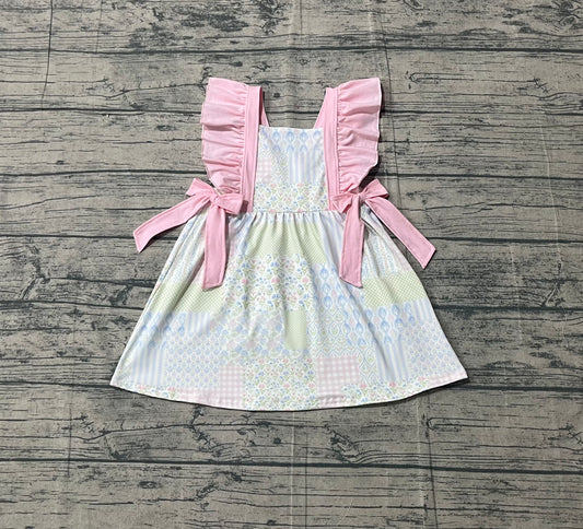 Baby Girls Pink Flowers Checked Bows Knee Length Dresses Preorder
