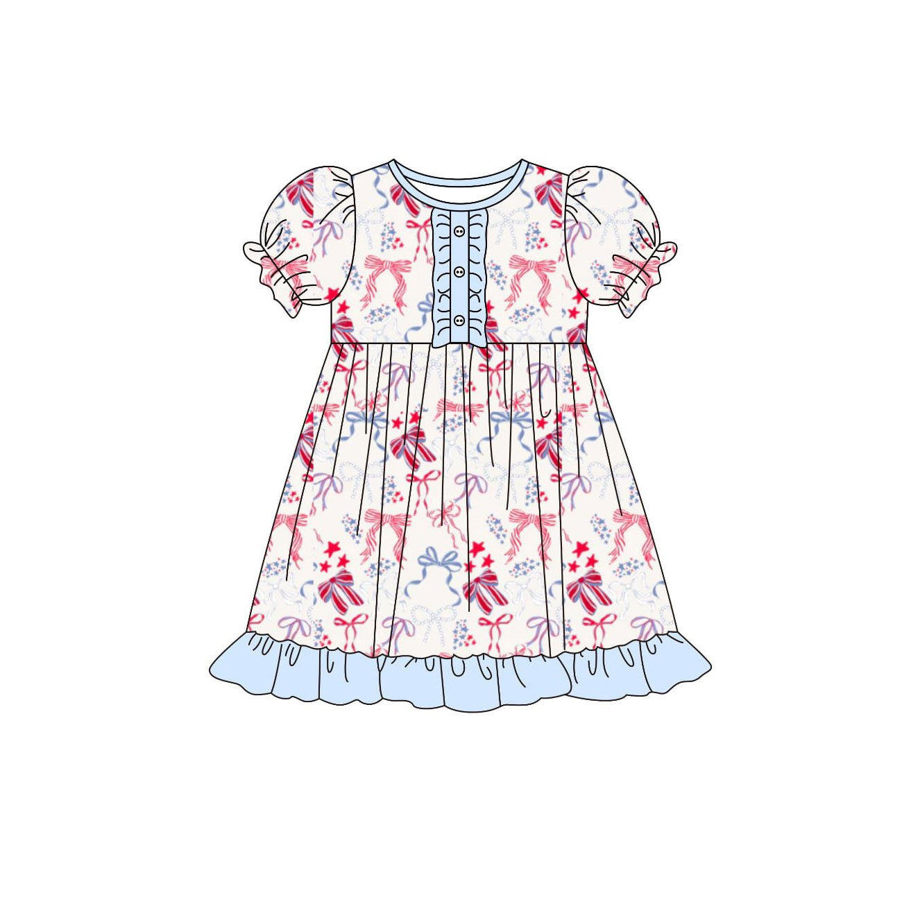 Baby Girls Stars Bows 4th of July Button Ruffle Knee Length Dresses Preorder