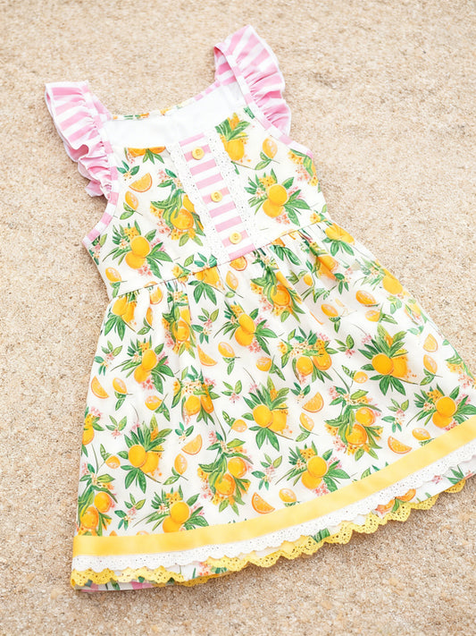 Baby Girls Flutter Sleeve Button Lemons Ruffle Knee Length Dresses Preorder