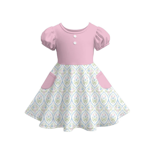 Baby Girls Pink Button Flowers Checked Pockets Knee Length Dresses Preorder