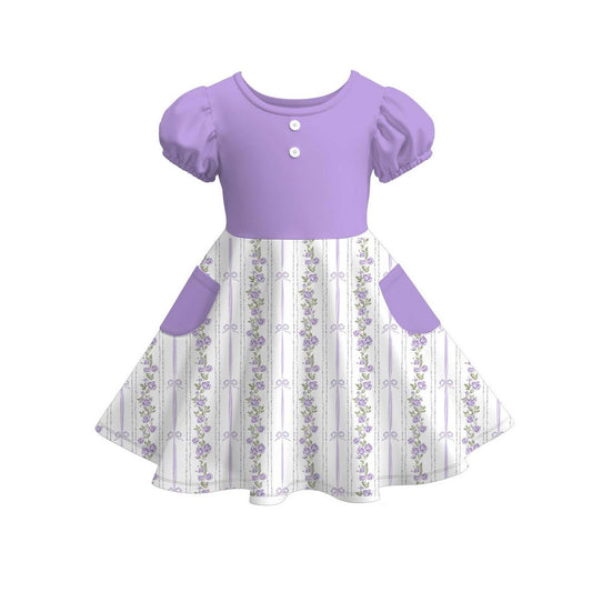 Baby Girls Purple Button Bows Flowers Stripe Pockets Knee Length Dresses Preorder