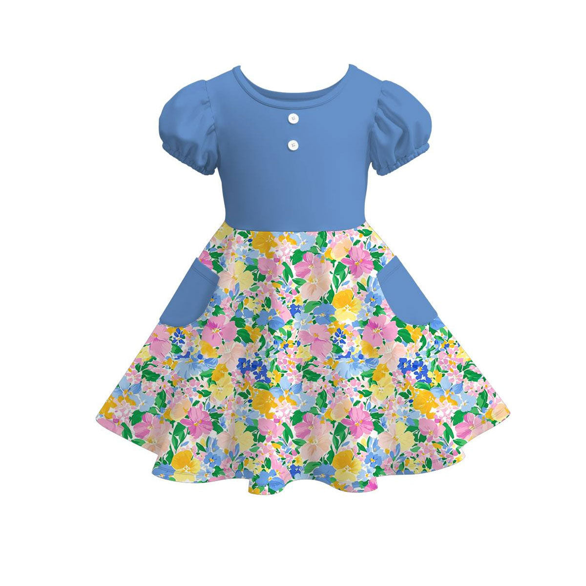Baby Girls Blue Button Colorful Flowers Pockets Knee Length Dresses Preorder
