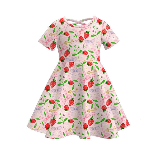Baby Girls Pink Short Sleeve Bows Strawberry Knee Length Dresses Preorder