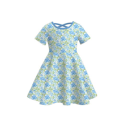 Baby Girls Aqua Short Sleeve Floral Knee Length Dresses Preorder
