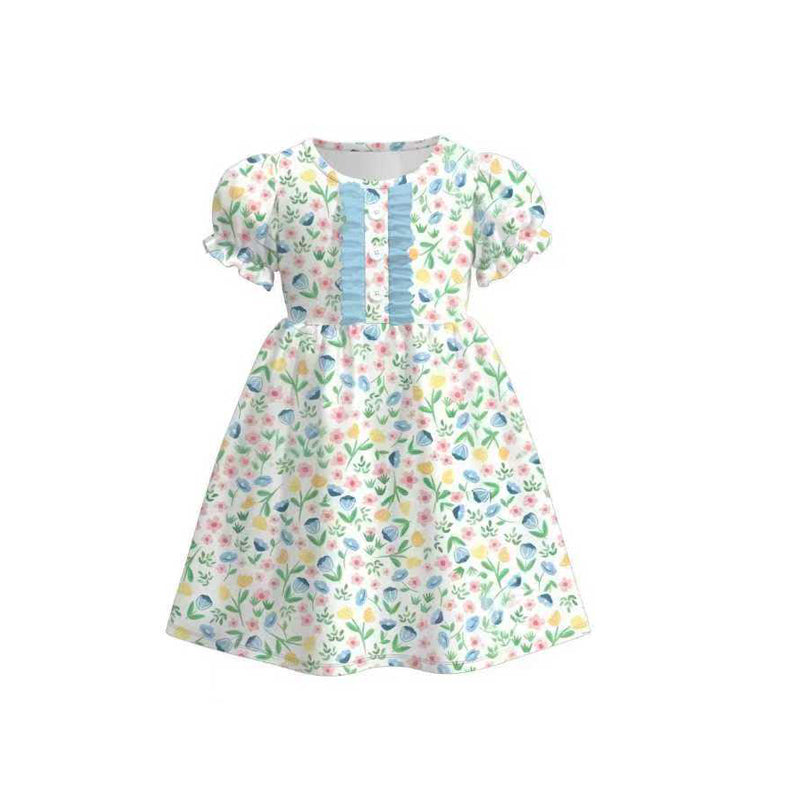 Baby Girls Short Sleeve Blue Floral Button Knee Length Dresses Preorder