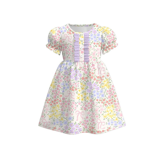 Baby Girls Short Sleeve Pink Bows Floral Button Knee Length Dresses Preorder