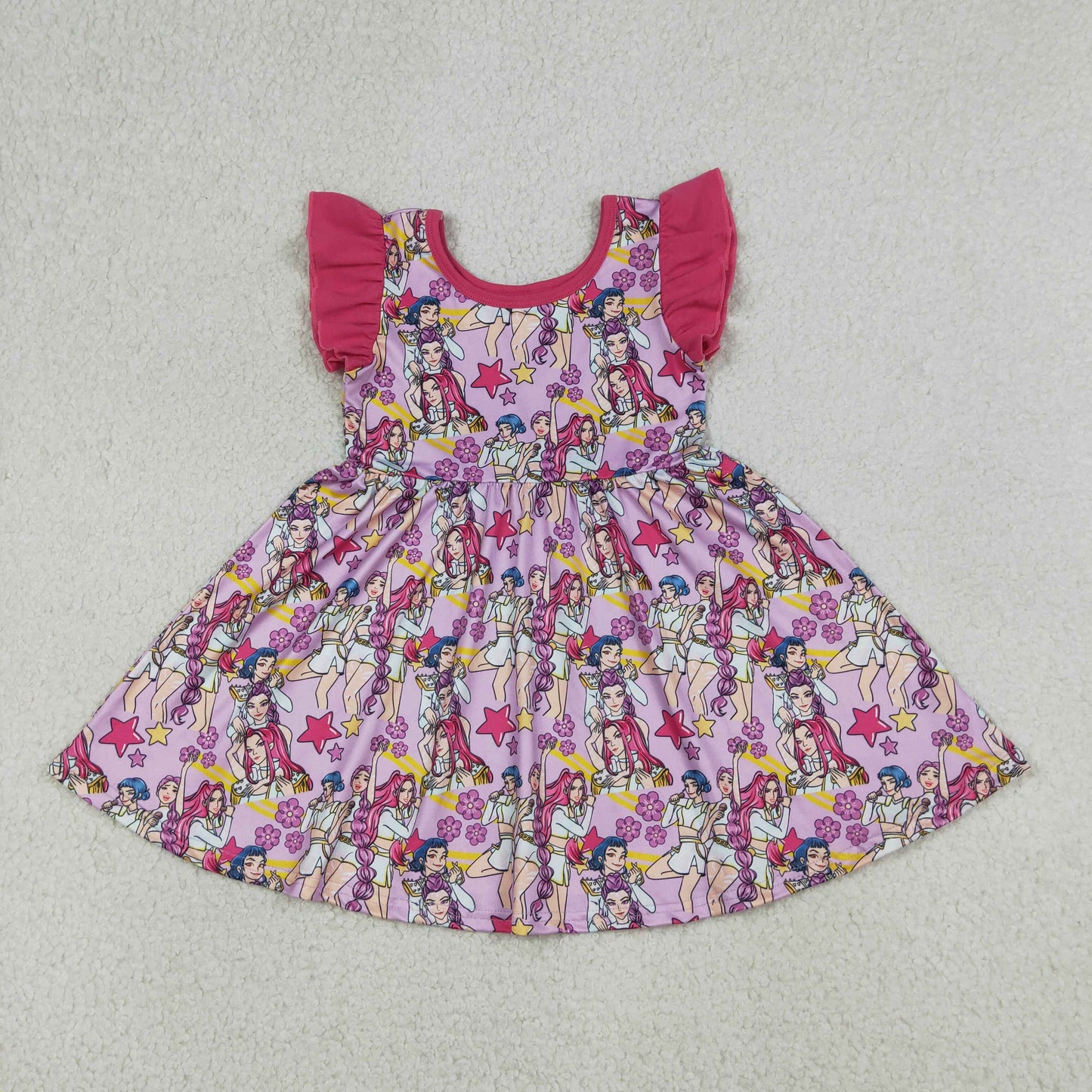 Baby Girls Pink Flutter Sleeve Flowers Demon Hunter Knee Length Dresses
