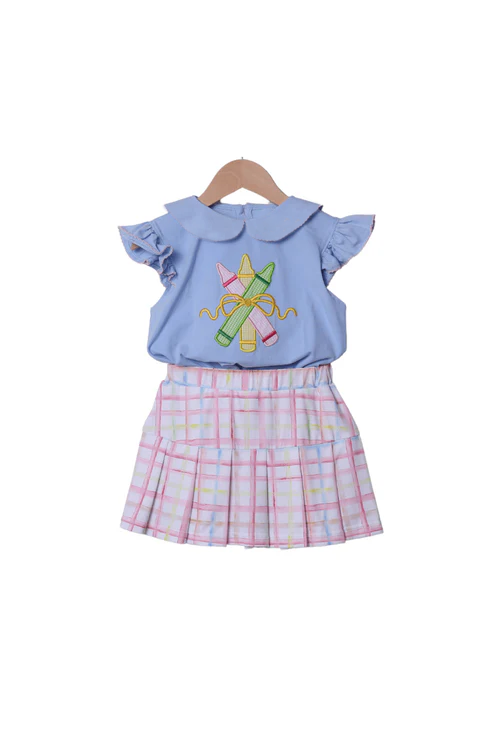 Baby Girls Bows Pencils Collar Top Checked Skirt Shorts Clothes Sets Preorder
