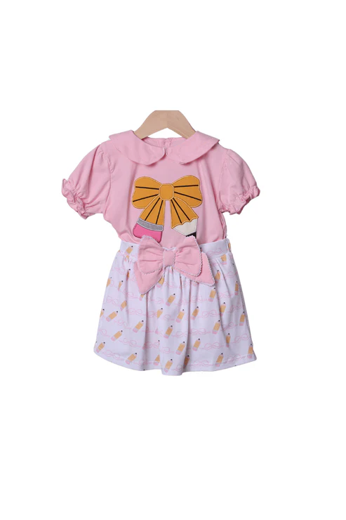 Baby Girls Bows Pencils Collar Top Stripe Skirt Shorts Clothes Sets Preorder