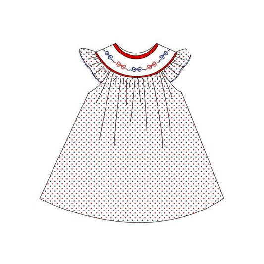 Baby Girls Red Blue Polka Dots Bows 4th of July Knee Length Dresses Preorder