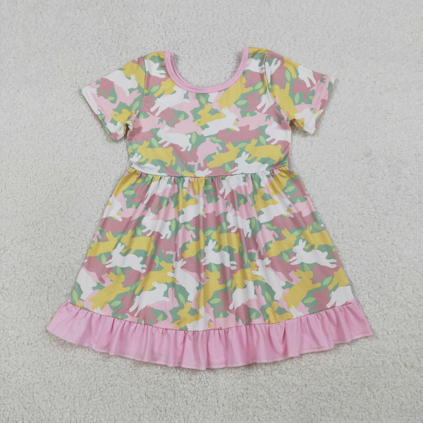 Baby Girls Short Sleeve Rabbits Camo Easter Ruffle Knee Length Dresses