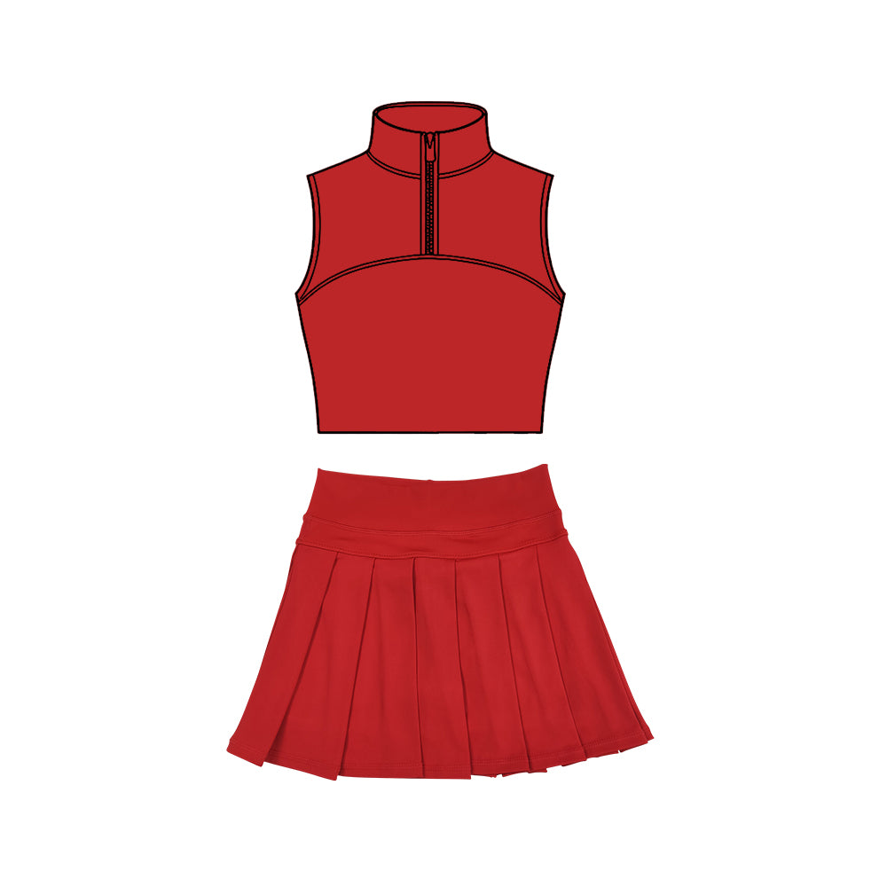 Baby Girls Red Sleeveless Zipper Vests Pleated Skirt Shorts Yoga Clothes Sets Preorder