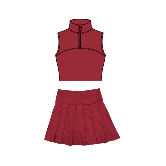 Baby Girls Dark Red Sleeveless Zipper Vests Pleated Skirt Shorts Yoga Clothes Sets Preorder