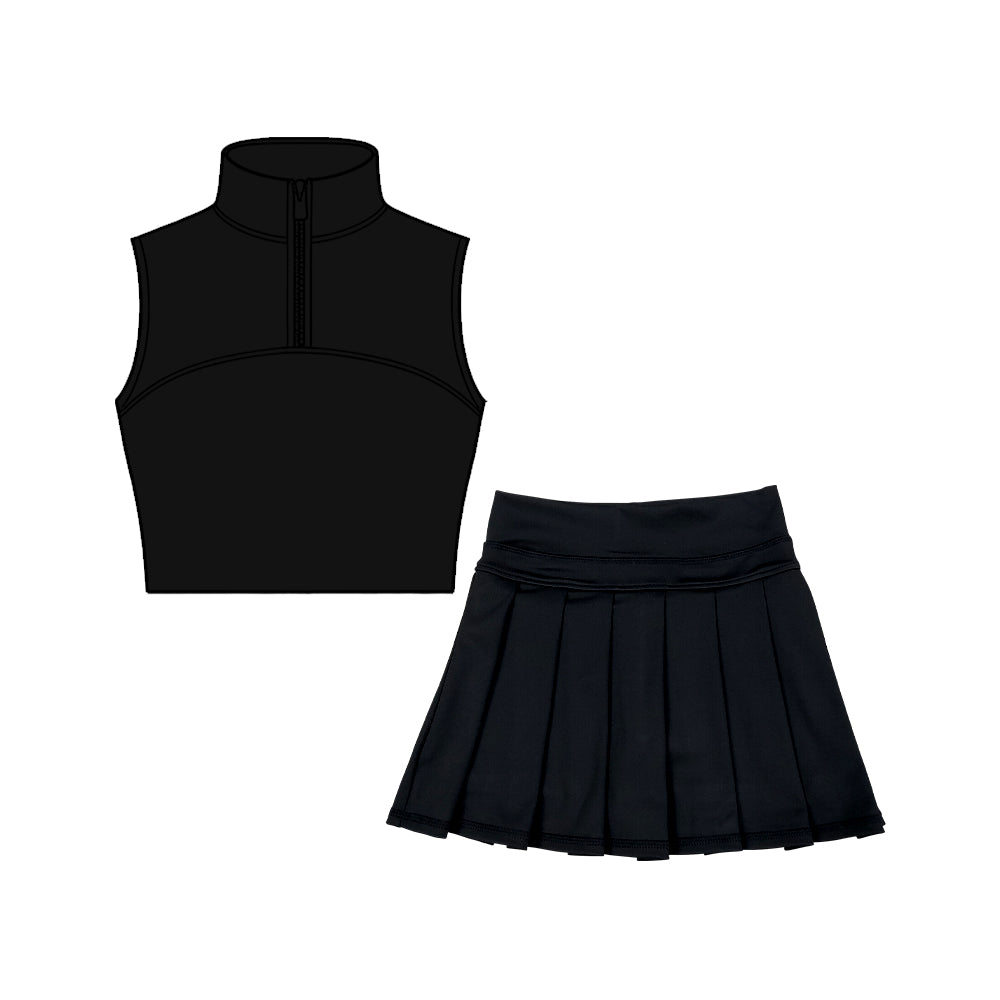 Baby Girls Black Sleeveless Zipper Vests Pleated Skirt Shorts Yoga Clothes Sets Preorder
