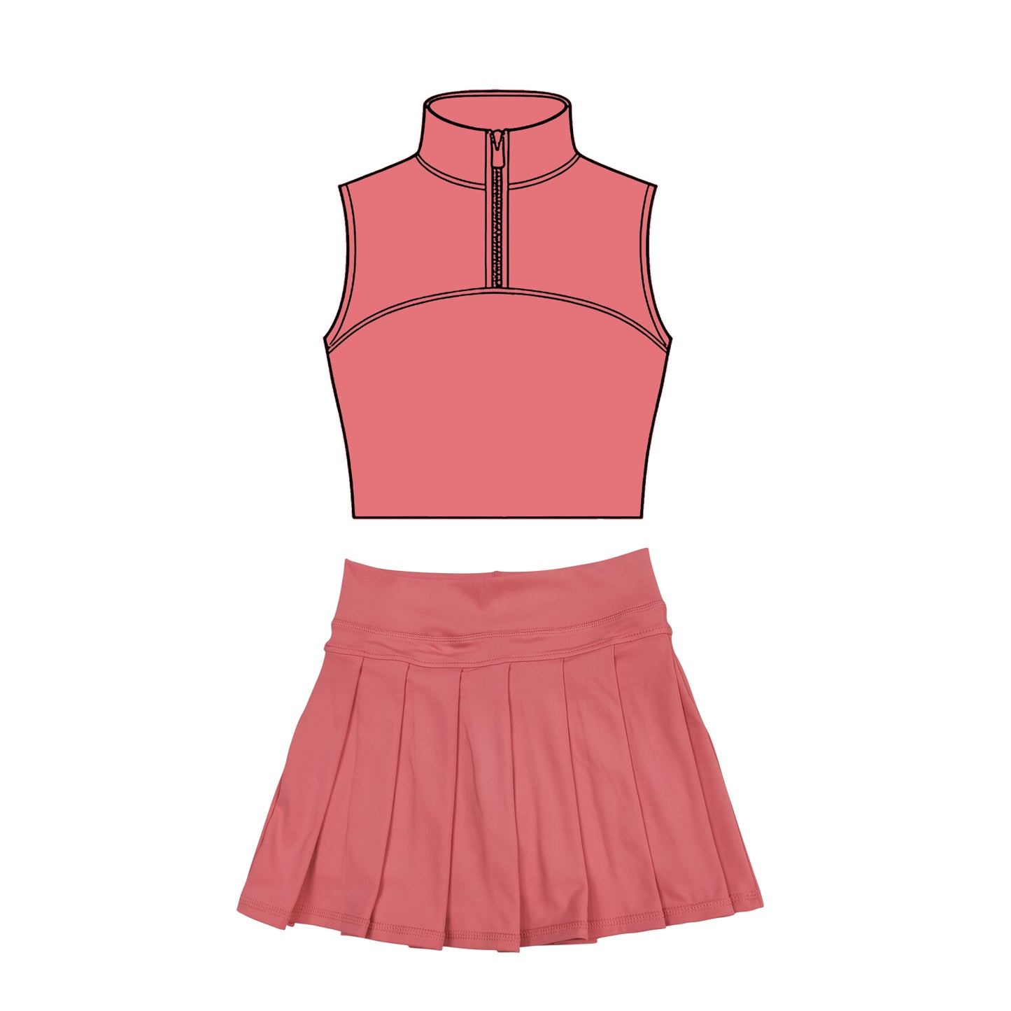 Baby Girls Peach Sleeveless Zipper Vests Pleated Skirt Shorts Yoga Clothes Sets Preorder