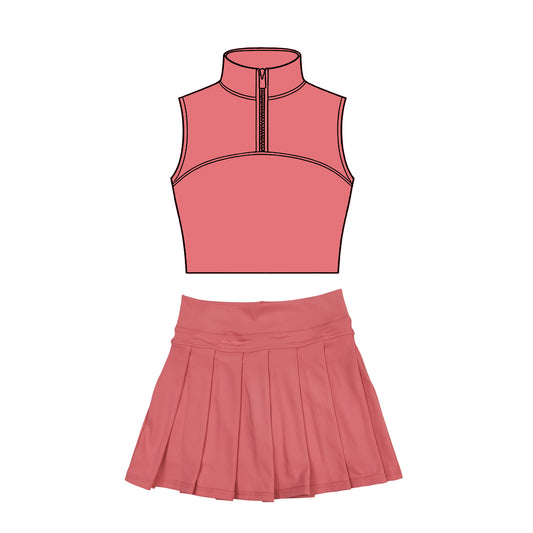 Baby Girls Peach Sleeveless Zipper Vests Pleated Skirt Shorts Yoga Clothes Sets Preorder