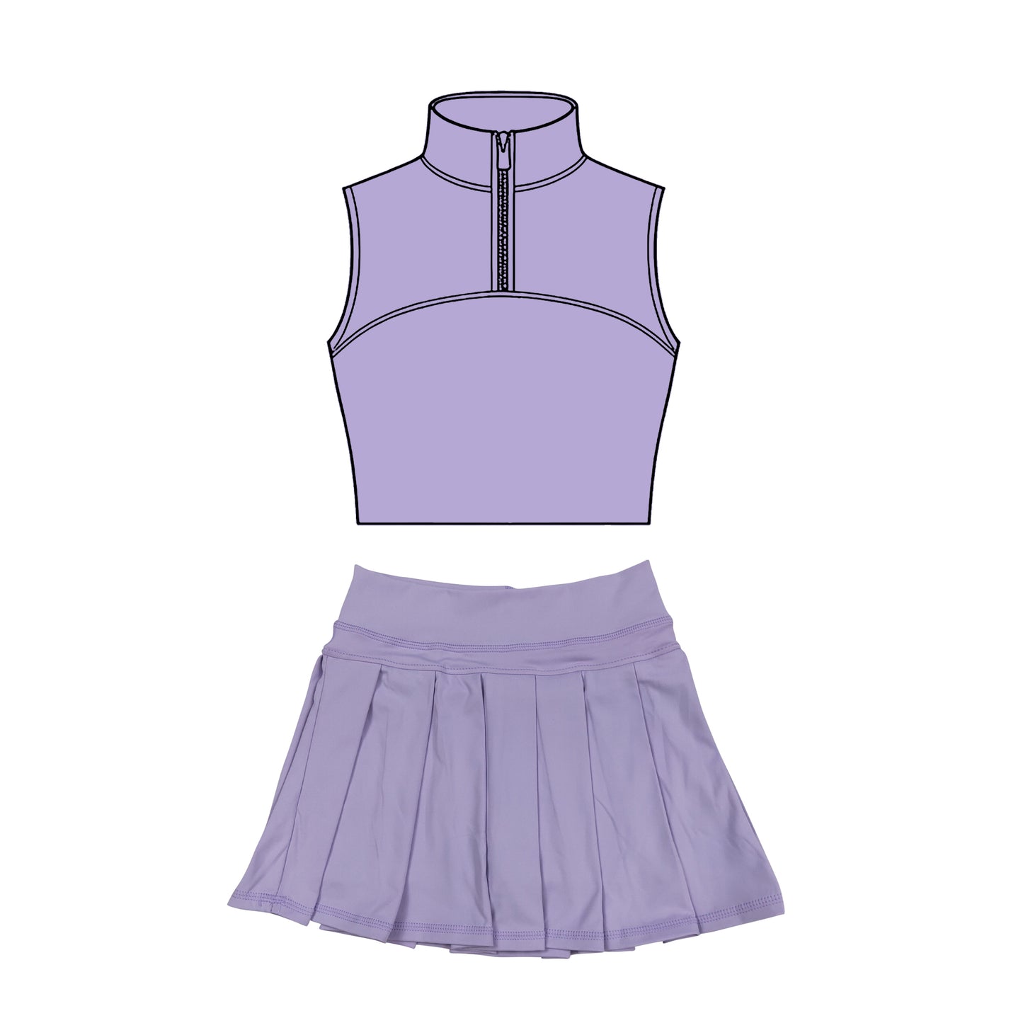 Baby Girls Lavender Sleeveless Zipper Vests Pleated Skirt Shorts Yoga Clothes Sets Preorder
