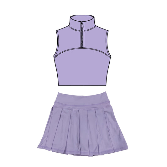 Baby Girls Lavender Sleeveless Zipper Vests Pleated Skirt Shorts Yoga Clothes Sets Preorder