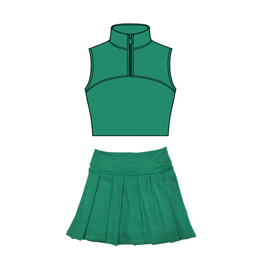 Baby Girls Green Sleeveless Zipper Vests Pleated Skirt Shorts Yoga Clothes Sets Preorder