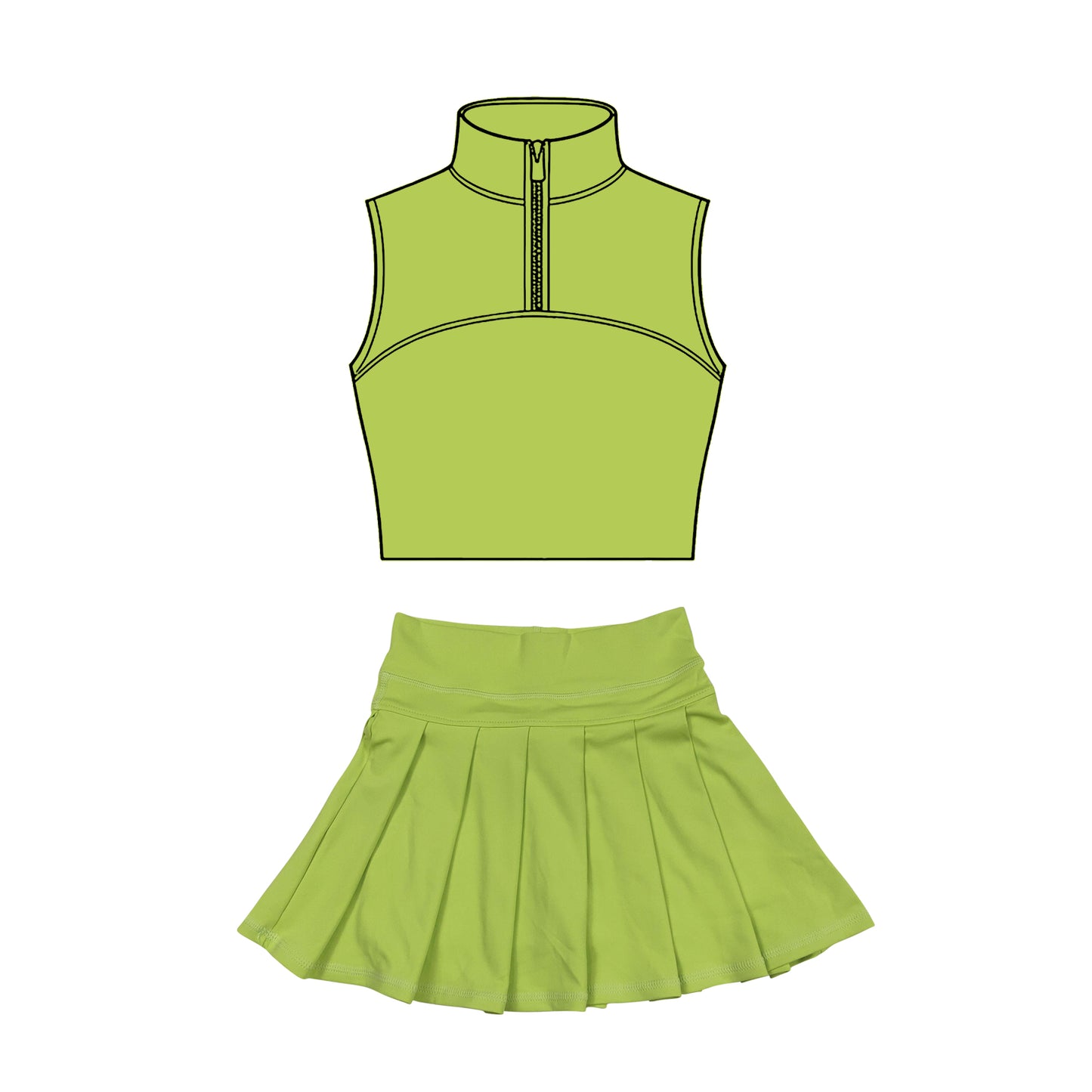 Baby Girls Light Green Sleeveless Zipper Vests Pleated Skirt Shorts Yoga Clothes Sets Preorder