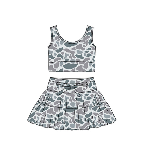 Baby Girls Southern Light Grey Camo Vest Ruffle Skirt Shorts Yoga Clothes Sets Preorder