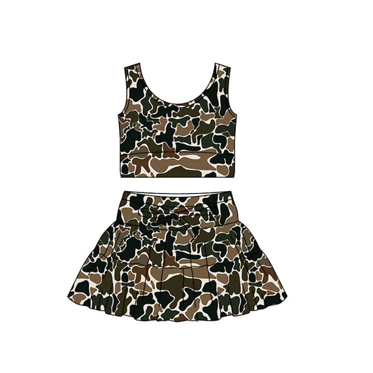 Baby Girls Southern Dark Brown Camo Vest Ruffle Skirt Shorts Yoga Clothes Sets Preorder