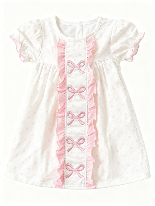 Baby Girls Pink Polka Dots Bows Ruffle Knee Length Dresses Preorder