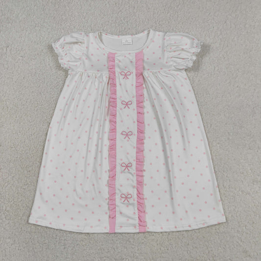 Embroidery Bows Baby Girls Pink Polka Dots Knee Length Dresses