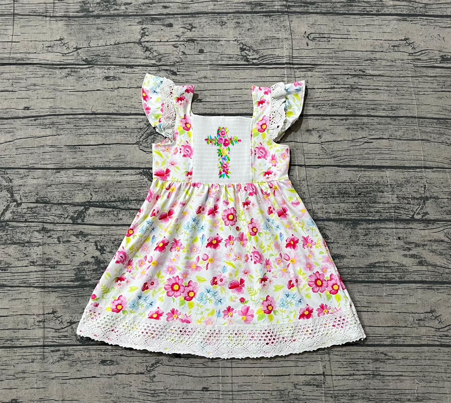 Smocked Floral Cross Baby Girls Easter Ruffle Knee Length Dresses Preorder