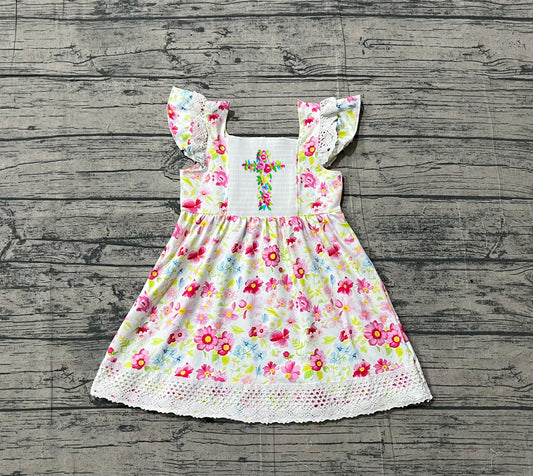 Smocked Floral Cross Baby Girls Easter Ruffle Knee Length Dresses Preorder